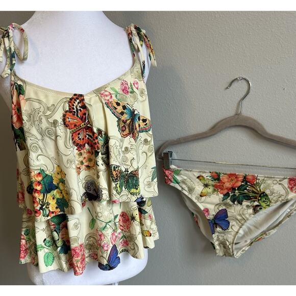Johnny Was Bikini SwimSuit M Floral Butterflies Ruffles Boho Gypsy Resort Aloha - Picture 5 of 13